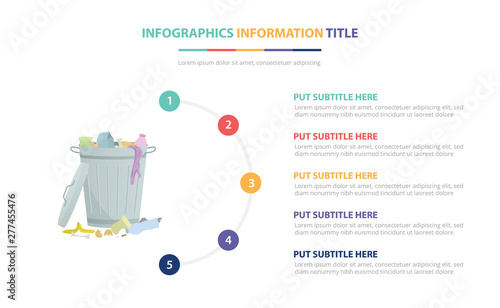 trash bin garbage infographic template concept with five points list and various color with clean modern white background - vector