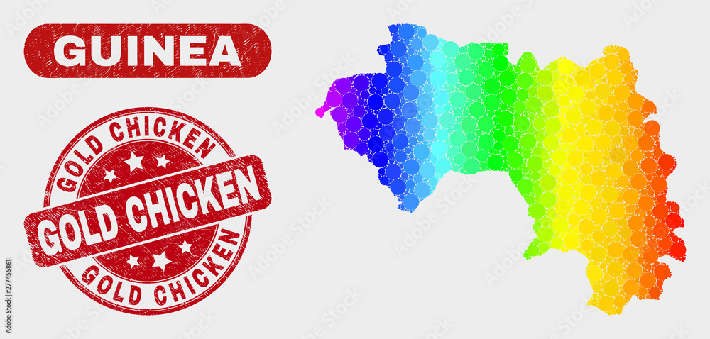 Rainbow colored dotted Republic of Guinea map and seal stamps. Red rounded Gold Chicken textured seal. Gradiented rainbow colored Republic of Guinea map mosaic of scattered round dots.