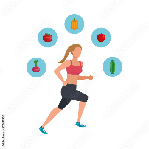 young athletic woman running with healthy icons © Gstudio