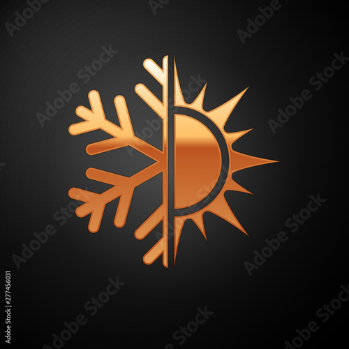 Gold Hot and cold symbol. Sun and snowflake icon isolated on black background. Winter and summer symbol. Vector Illustration