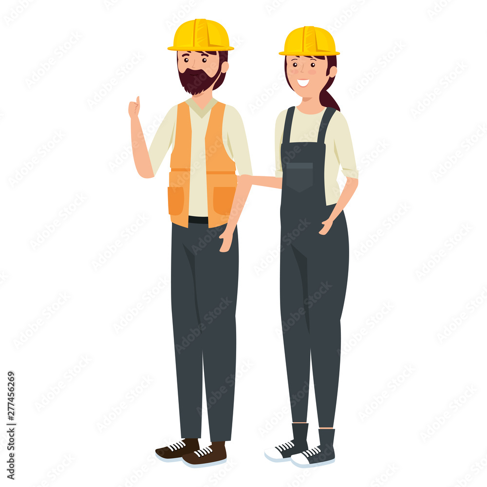 young couple mechanics workers characters young couple mechanics workers characters