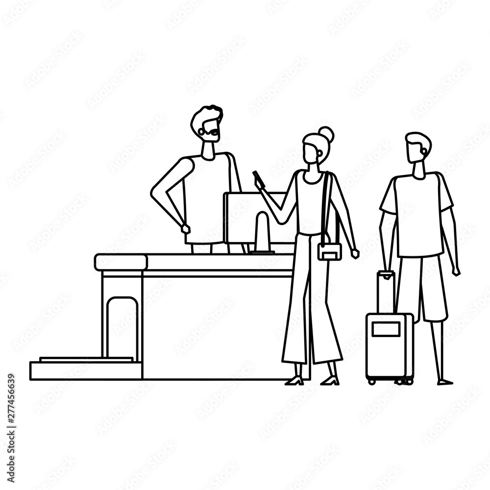 man working in airport with couple travelers