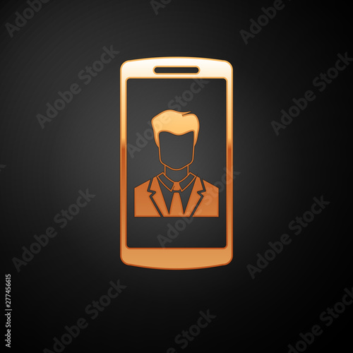 Gold Smartphone with contact on screen icon isolated on black background. Incoming call. Human on phone screen. Call contact. Vector Illustration