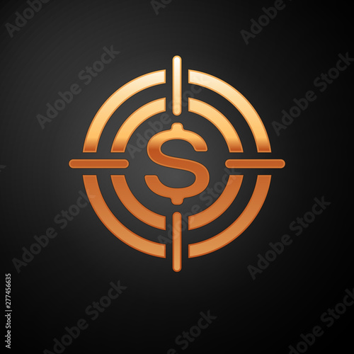 Gold Target with dollar symbol icon isolated on black background. Investment target icon. Successful business concept. Cash or Money sign. Vector Illustration