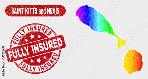 Rainbow colored dot Saint Kitts and Nevis map and seal stamps. Red rounded Fully Insured textured seal stamp. Gradient rainbow colored Saint Kitts and Nevis map mosaic of randomized round dots.