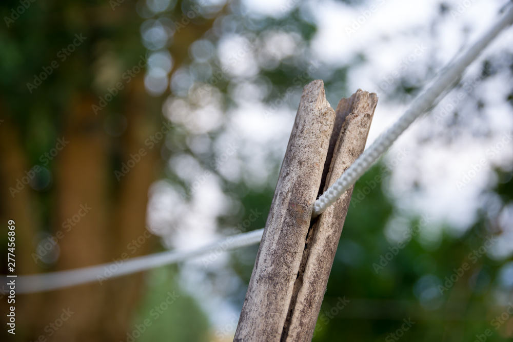 Treviso, Italy, 06/23/2019, String for drying clothes, supported by a stick in a countryside house in italy.