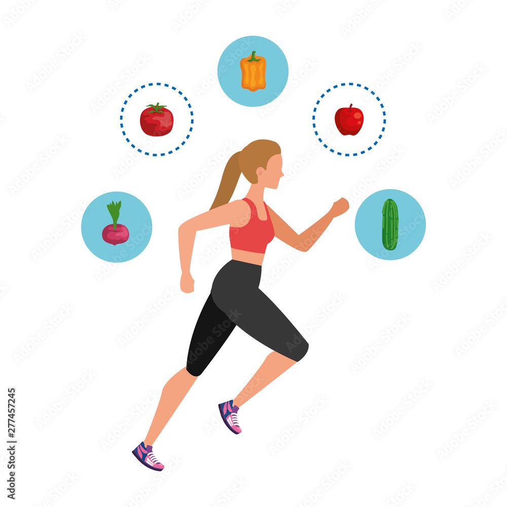 young athletic woman running with healthy icons young athletic woman running with healthy icons