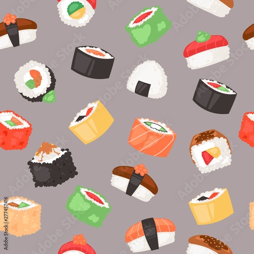 Sushi seamless pattern vector illustration. Japanese cuisine in cartoon style. Asian food wirh rice. Salmon and flying fish. Traditional national dishes for menu, advertisement.