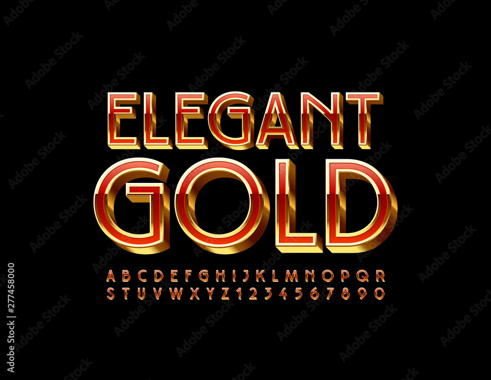 Vector Elegant Gold and Red Font. 3D Uppercase Alphabet. Luxury glamour Letters and Numbers Vector Elegant Gold and Red Font. 3D Uppercase Alphabet. Luxury glamour Letters and Numbers