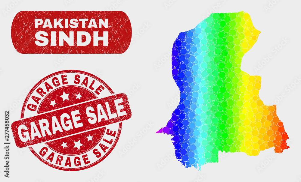 Obraz Rainbow colored dot Sindh Province map and watermarks. Red rounded Garage Sale grunge seal. Gradient rainbow colored Sindh Province map mosaic of randomized small circles.