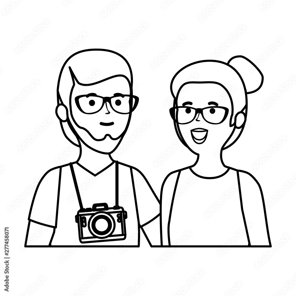 young tourists couple with camera photographic young tourists couple with camera photographic