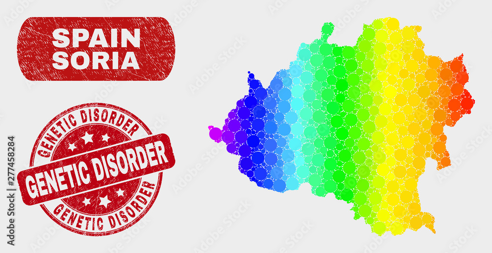 Rainbow colored dot Soria Province map and seal stamps. Red rounded Genetic Disorder textured seal stamp. Gradiented rainbow colored Soria Province map mosaic of scattered small spheres.