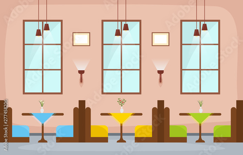 Modern Empty Cafe Restaurant Interior Furniture Flat Vector Illustration