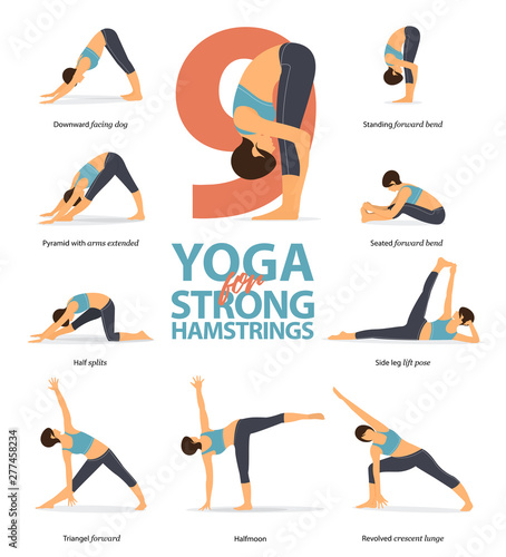 Infographic of 9 Yoga poses for strong hamstrings in flat design. Beauty woman is doing exercise for hip strength. Set of yoga postures female figures Infographic. Vector Illustration.