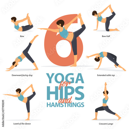 Infographic of 6 Yoga poses for strong hamstrings in flat design. Beauty woman is doing exercise for hip strength. Set of yoga postures female figures Infographic. Vector Illustration.