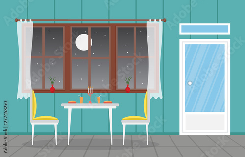 Modern Empty Cafe Restaurant Interior Furniture Flat Vector Illustration