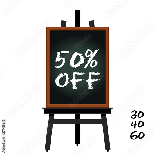 50％オフと書かれた黒板と黒いイーゼルのイラスト_宣伝・販促バナー用イラスト