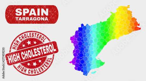 Spectral dot Tarragona Province map and rubber prints. Red round High Cholesterol scratched seal stamp. Gradiented rainbow colored Tarragona Province map mosaic of random round elements.