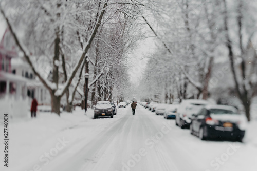 A snowy city street