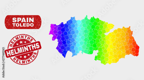 Rainbow colored dotted Toledo Province map and seals. Red rounded Helminths distress seal stamp. Gradiented rainbow colored Toledo Province map mosaic of random round dots.