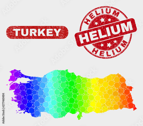 Spectrum dotted Turkey map and seal stamps. Red round Helium grunge seal stamp. Gradiented spectral Turkey map mosaic of random round dots. Helium seal with scratched surface.