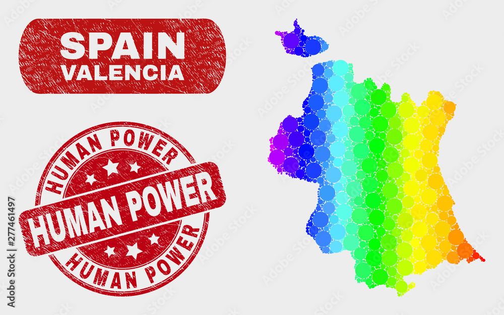 Spectral dot Valencia Province map and seals. Red round Human Power textured seal stamp. Gradient spectrum Valencia Province map mosaic of scattered round elements.