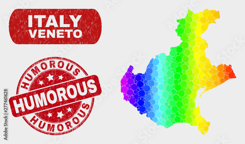 Rainbow colored dot Veneto region map and rubber prints. Red rounded Humorous textured stamp. Gradiented rainbow colored Veneto region map mosaic of scattered circle.