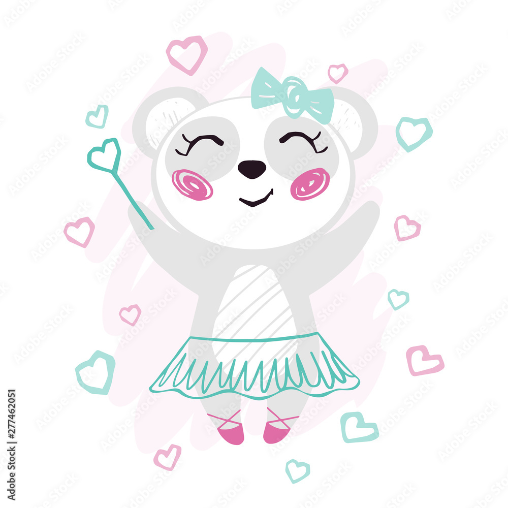 Panda baby girl cute print. Sweet bear with magic wand, bow, ballet tutu, pointe shoes. Panda baby girl cute print. Sweet bear with magic wand, bow, ballet tutu, pointe shoes.