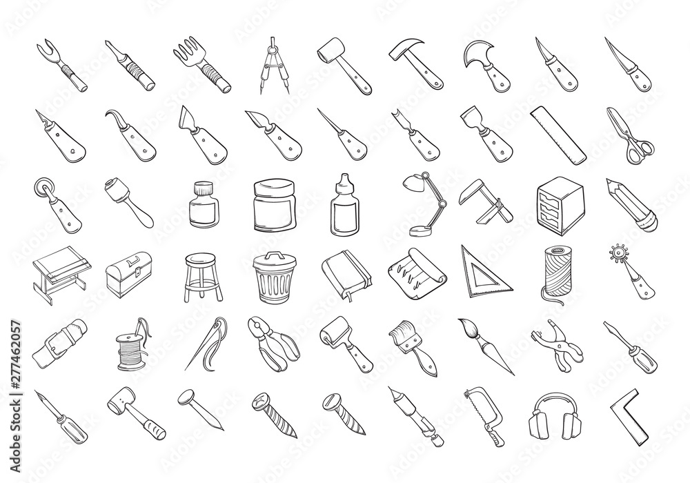 Set of Craft tool icons Drawing illustration Hand drawn doodle Sketch line vector eps10 Set of Craft tool icons Drawing illustration Hand drawn doodle Sketch line vector eps10