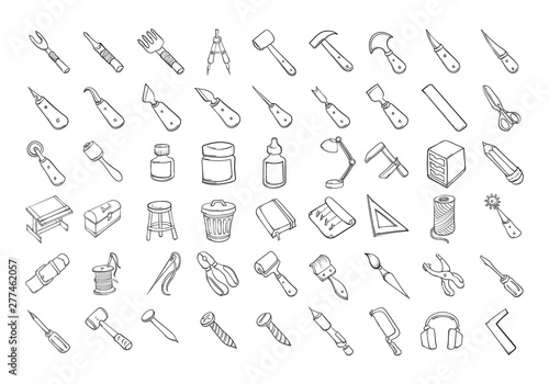 Set of Craft tool icons Drawing illustration Hand drawn doodle Sketch line vector eps10