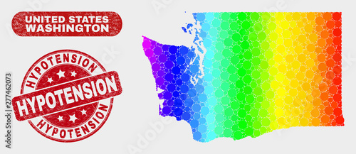 Spectral dot Washington State map and watermarks. Red round Hypotension scratched stamp. Gradient spectral Washington State map mosaic of random round elements.
