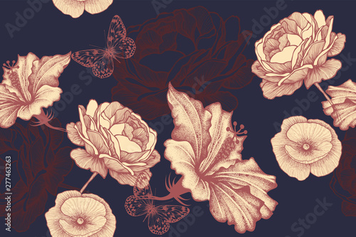 Wallpaper Mural Roses, hibiscus and poppies with butterflies on a seamless floral background. Floral pattern, vector. Torontodigital.ca