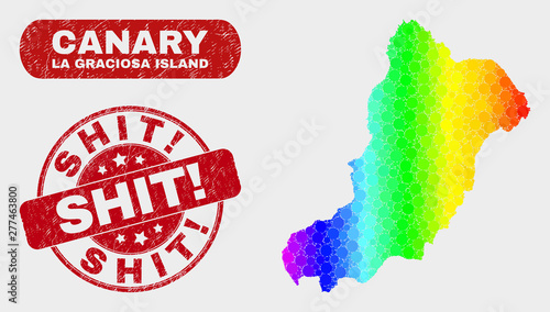 Rainbow colored dot La Graciosa Island map and seal stamps. Red round Shit! grunge seal stamp. Gradiented spectral La Graciosa Island map mosaic of random small spheres.