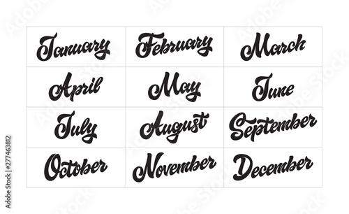 Hand lettering names of the months to design a calendar, diary, logo or poster. Black inscriptions isolated on white background.