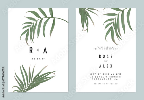 Minimalist botanical wedding invitation card template design, green bamboo palm leaves on top and bottom on white background