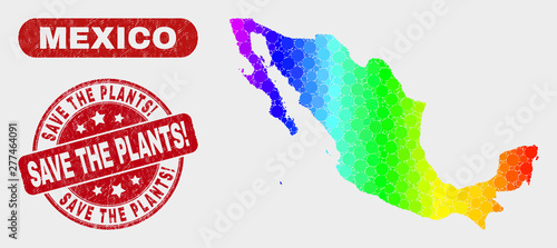 Rainbow colored dot Mexico map and seal stamps. Red rounded Save the Plants! distress stamp. Gradiented rainbow colored Mexico map mosaic of randomized circle.