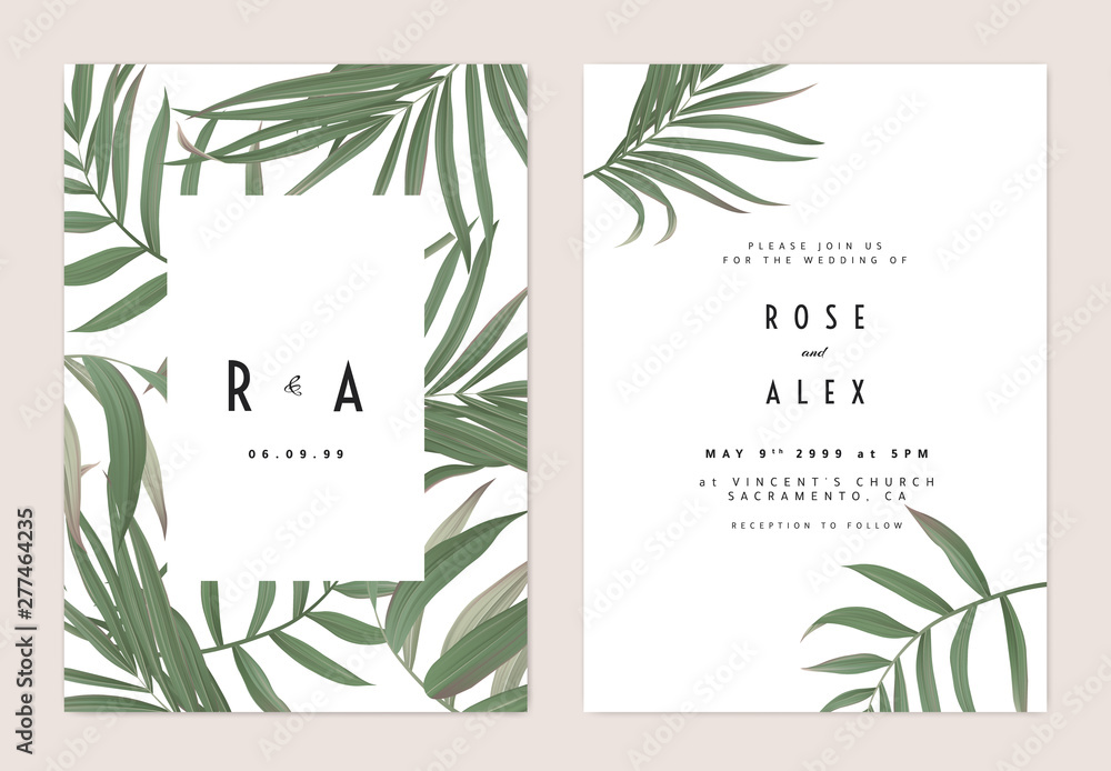 Minimalist botanical wedding invitation card template design, green bamboo palm leaves pattern on white