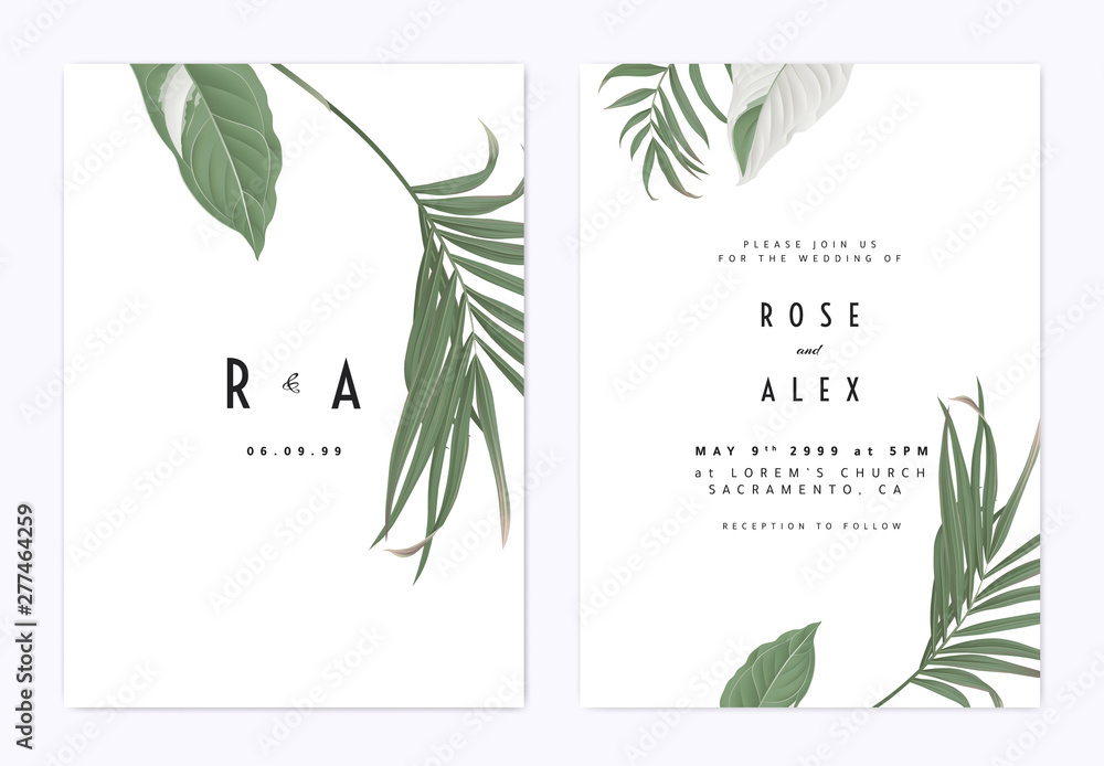 Minimalist botanical wedding invitation card template design, green bamboo palm leaves and Syngonium podophyllum albo-variegatum plant on white