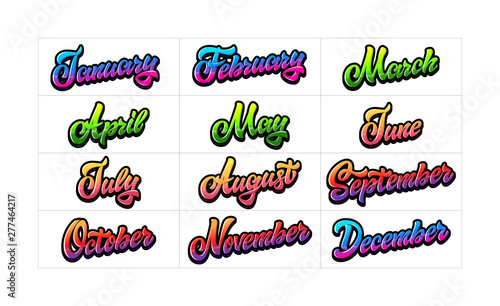 Hand lettering names of the months to design a calendar, diary, logo or poster. Bright colorful inscriptions isolated on white background.