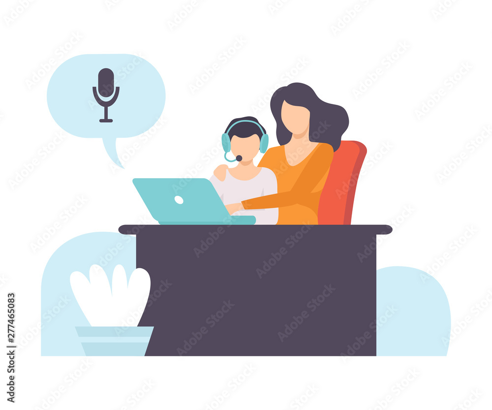 Boy and His Mother Talking Online Using Web Camera and Headphones, Distant Education Courses, Social Networking, People Communicating Via Internet Vector Illustration Boy and His Mother Talking Online Using Web Camera and Headphones, Distant Education Courses, Social Networking, People Communicating Via Internet Vector Illustration