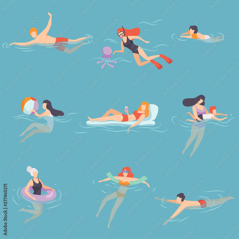 People Relaxing in the Sea, Ocean or Swimming Pool at Vacation Set, Summer Outdoor Activities Vector Illustration People Relaxing in the Sea, Ocean or Swimming Pool at Vacation Set, Summer Outdoor Activities Vector Illustration