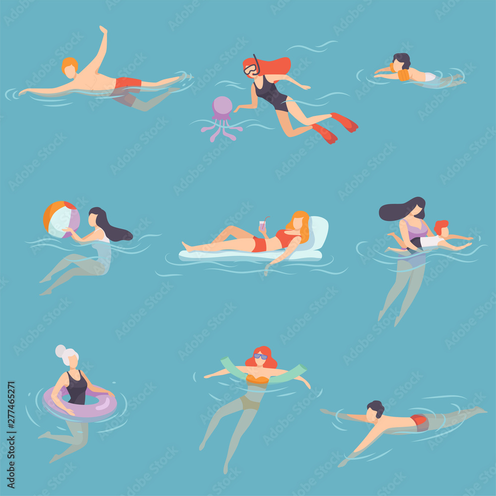 People Relaxing in the Sea, Ocean or Swimming Pool at Vacation Set, Summer Outdoor Activities Vector Illustration