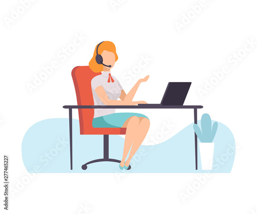 Female Call Center Worker, Online Support Service Assistant Talking Online with Headphones, Distant Education Courses, Social Networking, People Communicating Via Internet Vector Illustration
