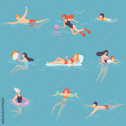 Fototapeta Naklejka Na Ścianę i Meble -  People Relaxing in the Sea, Ocean or Swimming Pool at Vacation Set, Summer Outdoor Activities Vector Illustration
