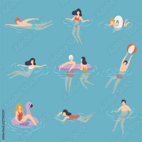 Fototapeta People Relaxing in the Sea, Ocean or Swimming Pool at Vacation Set, Young Men, W