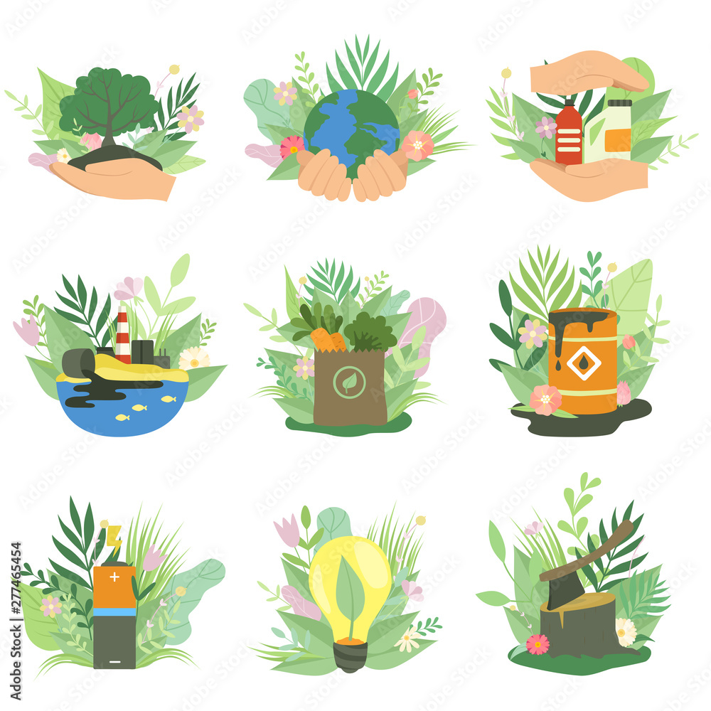 Ecological Environmental Problems and Alternative and Renewable Energy Resources Set, Ecology Concept Vector Illustration