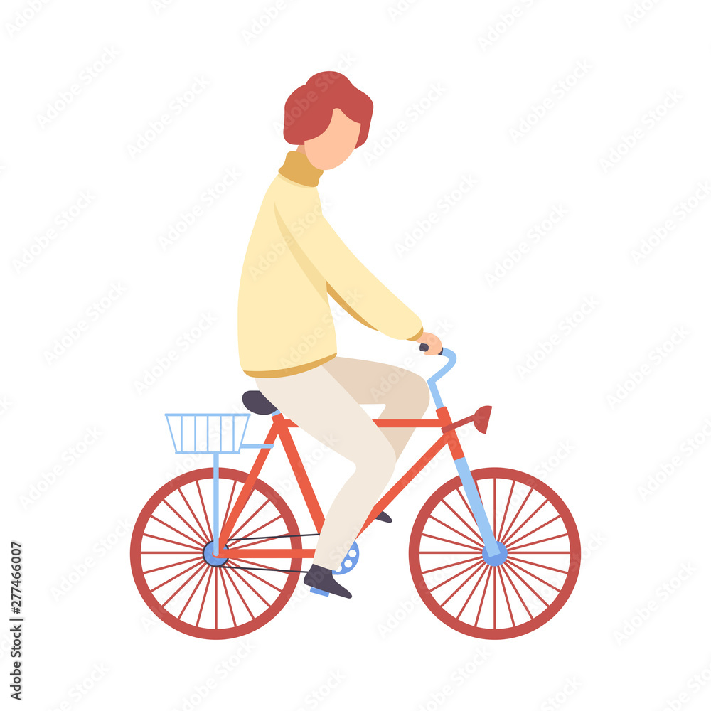 Fototapeta premium Young Man in Casual Clothes Riding Bicycle, Cycling Guy Exercising, Relaxing or Going to Work Vector Illustration