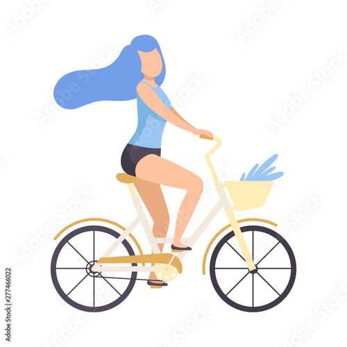 Girl in Short Shorts Riding Bicycle, Cycling Woman Exercising or Relaxing Vector Illustration