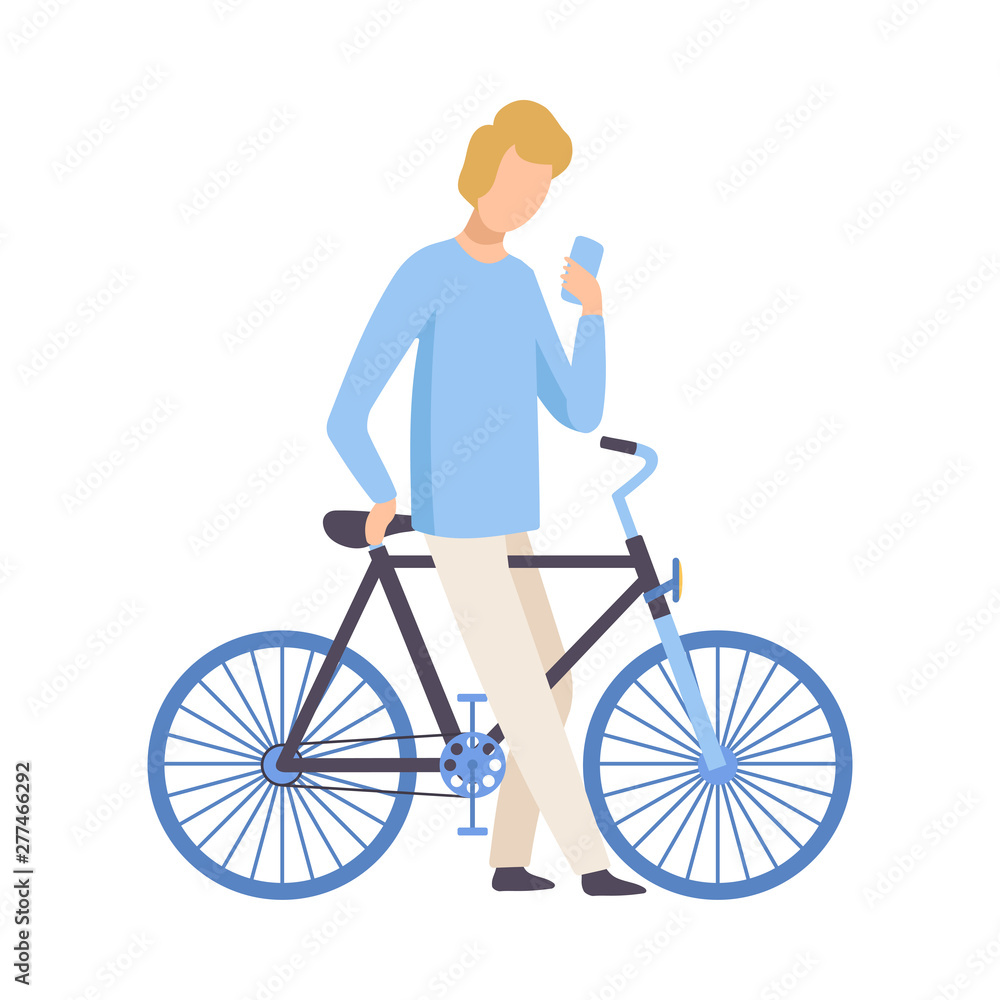 Young Man in Casual Clothes Standing with Phone and Bicycle, Cycling Guy Exercising, Relaxing or Going to Work Vector Illustration Young Man in Casual Clothes Standing with Phone and Bicycle, Cycling Guy Exercising, Relaxing or Going to Work Vector Illustration