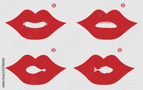 lips with chicken legs, fish, bread and sausage in a negative space for a logo of food